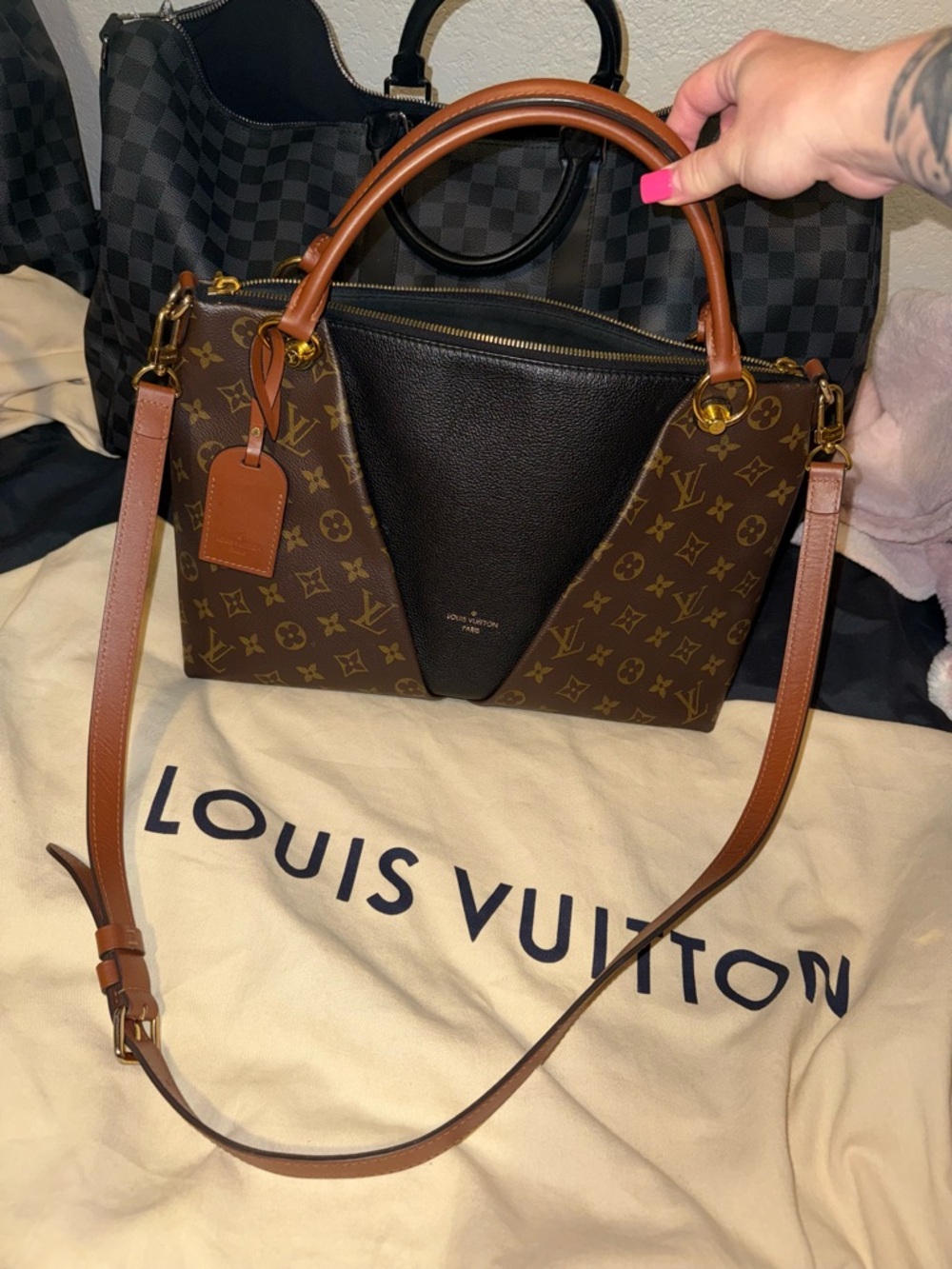 Louis Vuitton Brown Monogram & Black Leather Top-Handle Shoulder Bag